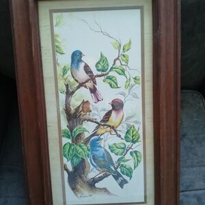 Vintage Birds in Tree   Wood Framed Matted Glass Art Print -signed
